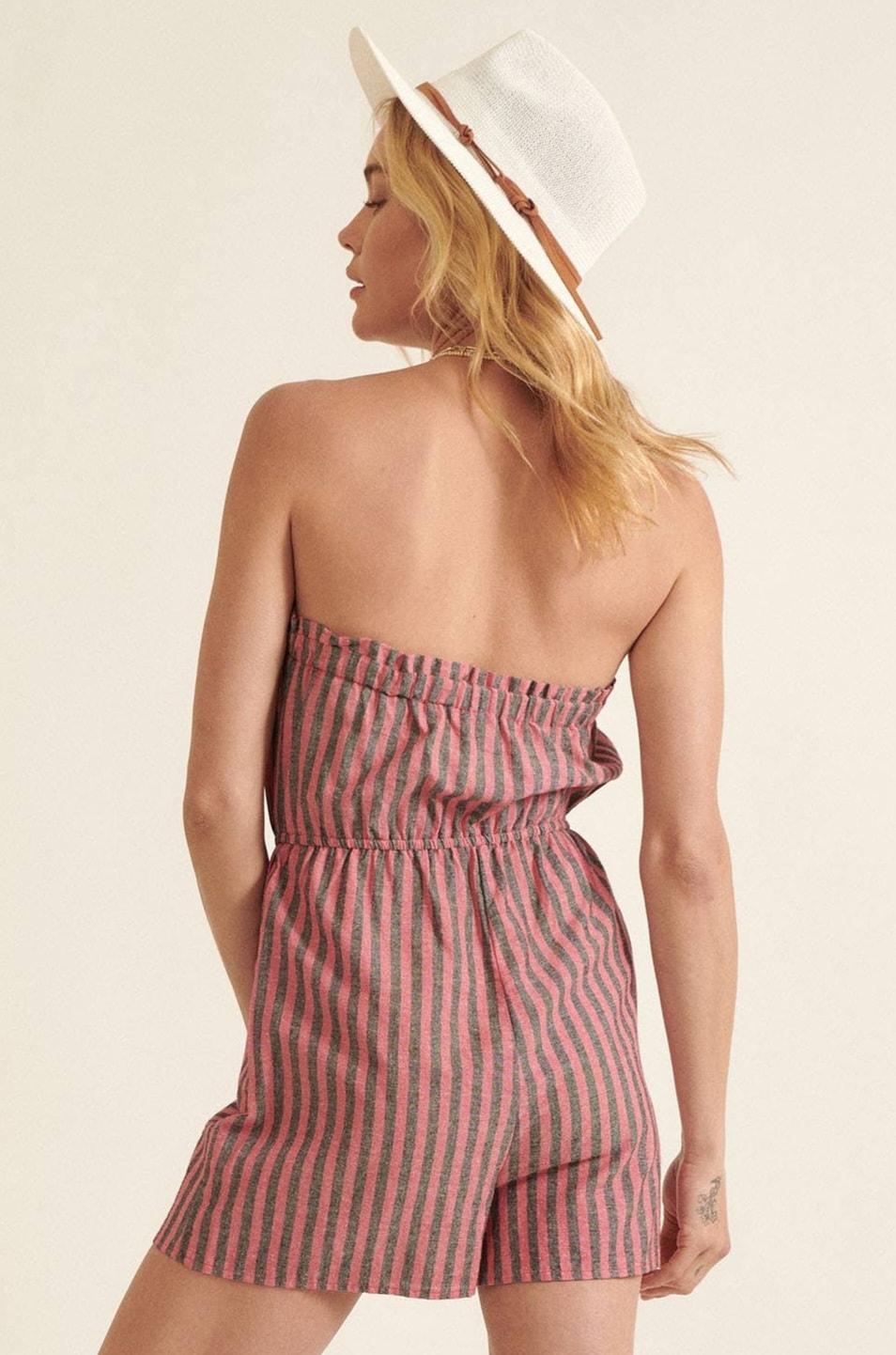 Striped Chambray Strapless Drawstring Tube Romper - Image 2