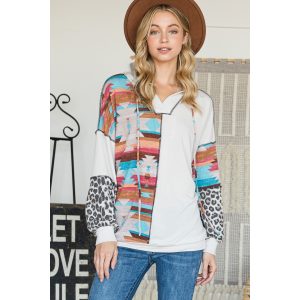 Comfy Color Block Hoodie Aztec-Animal Print
