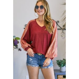 PLUS SIZE-V NECK SEQUIN LONG SLEEVE TOP